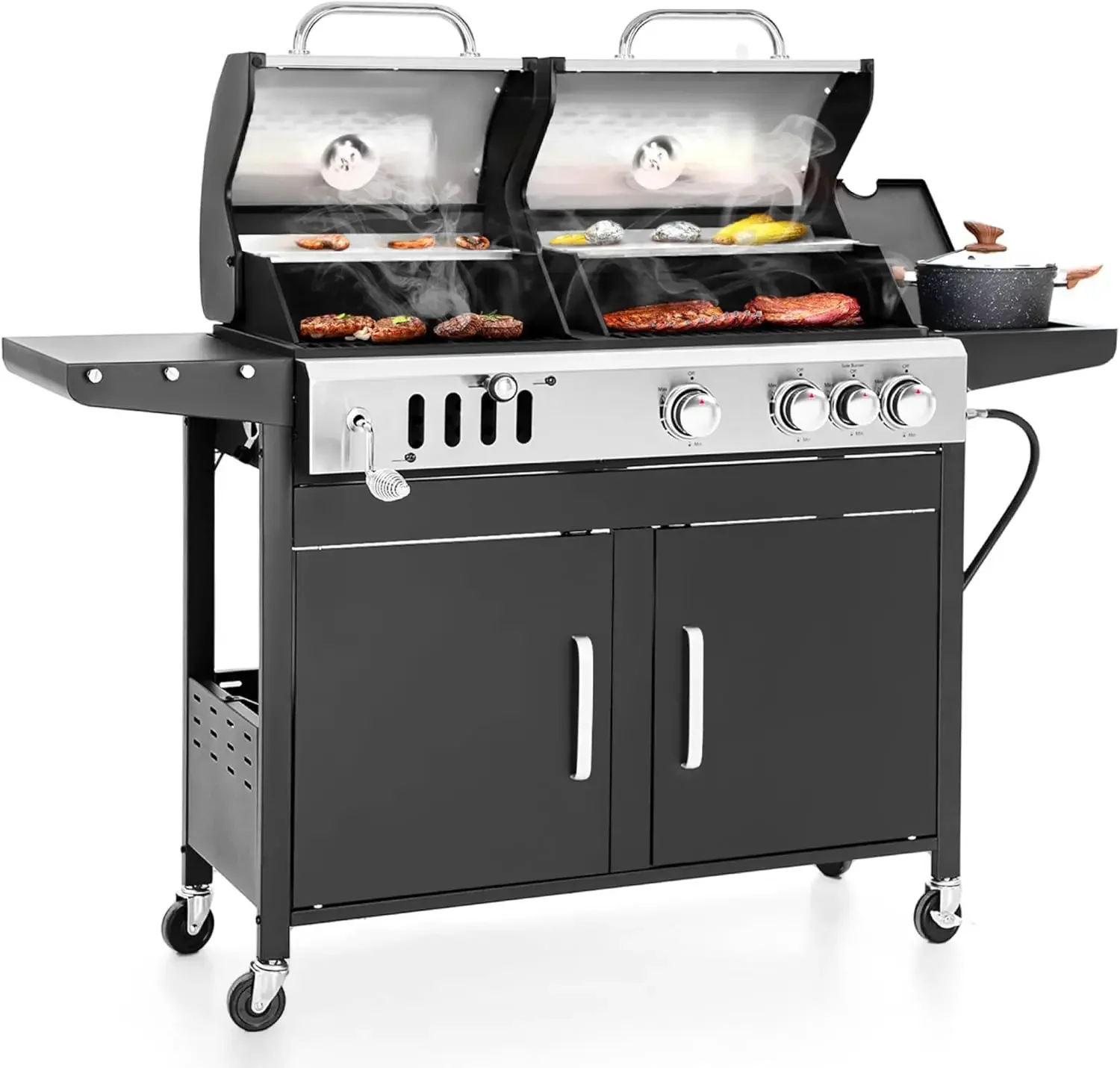 Barbecue Grill, Charcoal and Propane Gas Grill Combo with Side Burner & Porcelain-Enameled Cast Iron Grate, Dual Fuel BBQ Grill - Image 7