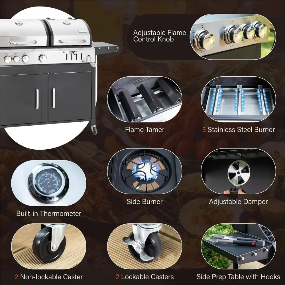 Barbecue Grill, Charcoal and Propane Gas Grill Combo with Side Burner & Porcelain-Enameled Cast Iron Grate, Dual Fuel BBQ Grill - Image 5