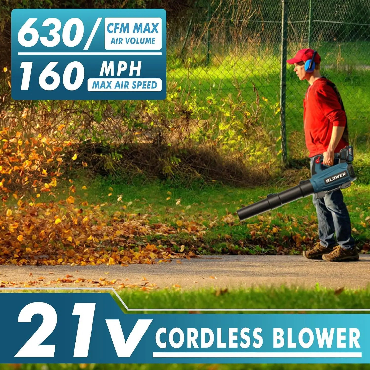 Leaf Blower Cordless - 630CFM/160MPH, 21V Powerful Electric Cordless Leaf Blower with 2 x 4.0Ah Batteries and Charger, Battery P - Image 2