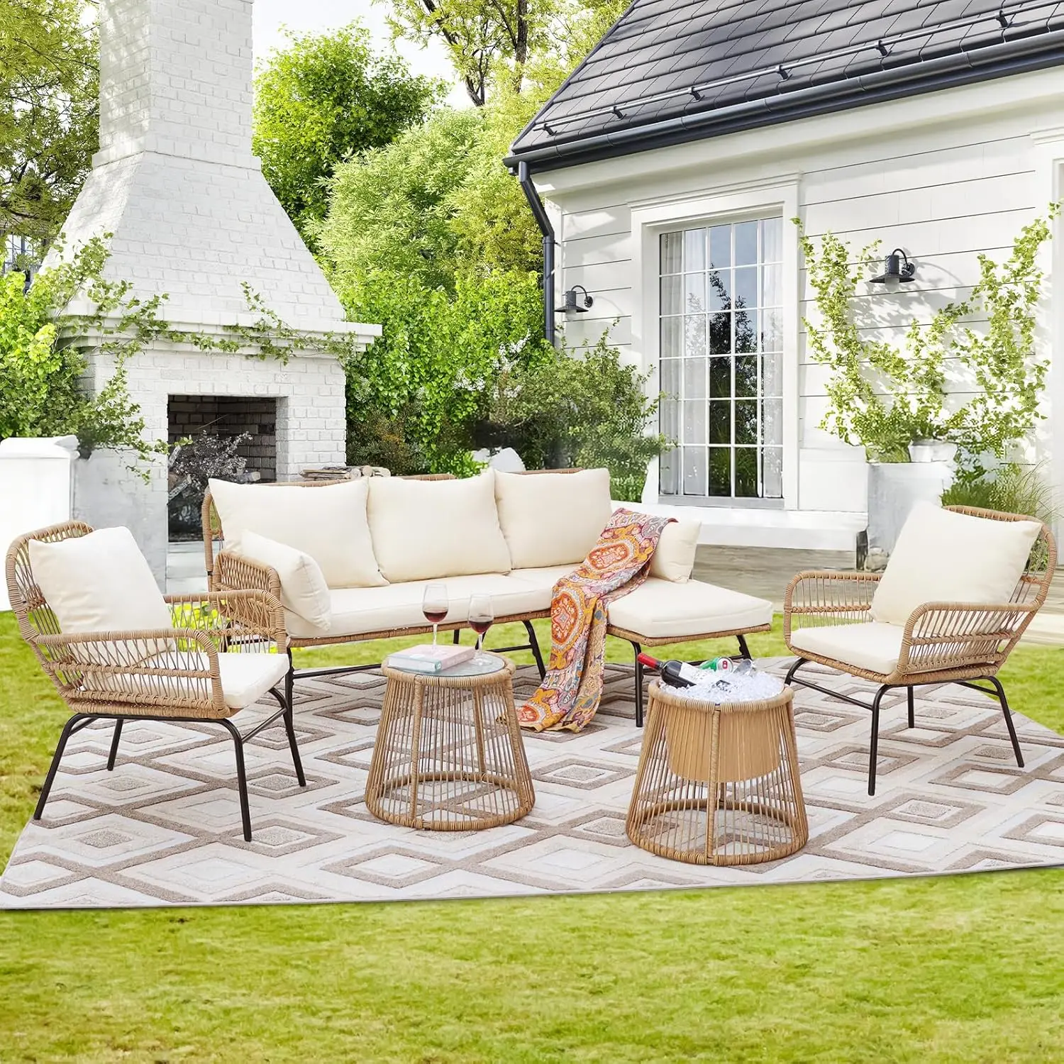 7-piece Bohemian Style Outdoor Courtyard Furniture Sofa Set, Including Egg Chairs, L-shaped Leisure Chairs, and Beige Cushions - Image 7