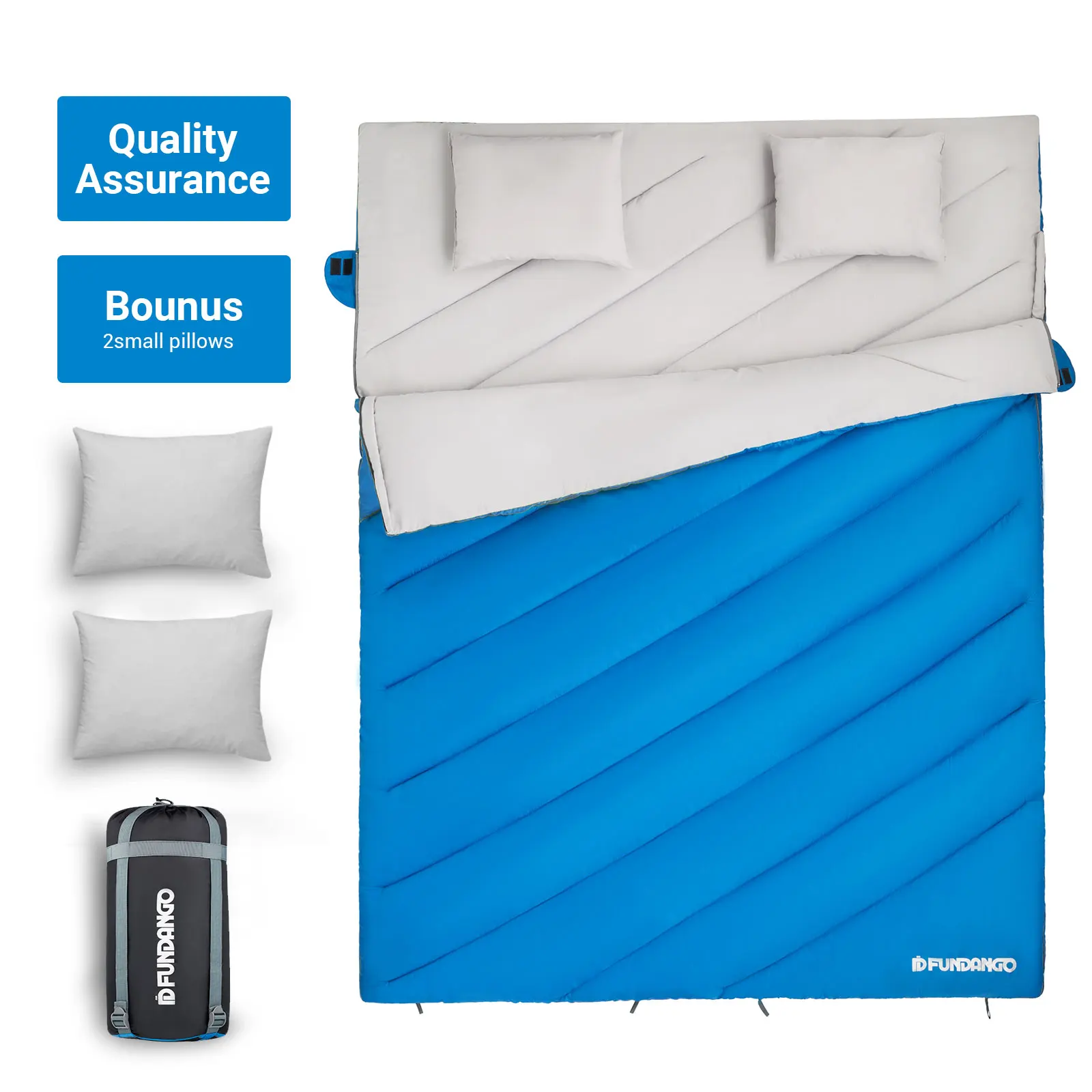 FUNDANGO 3-in-1 Double Sleeping Bag, Family Couple Camping Backpack Trip, Waterproof and Warm and Lightweight, with 2 Pillows - Image 5