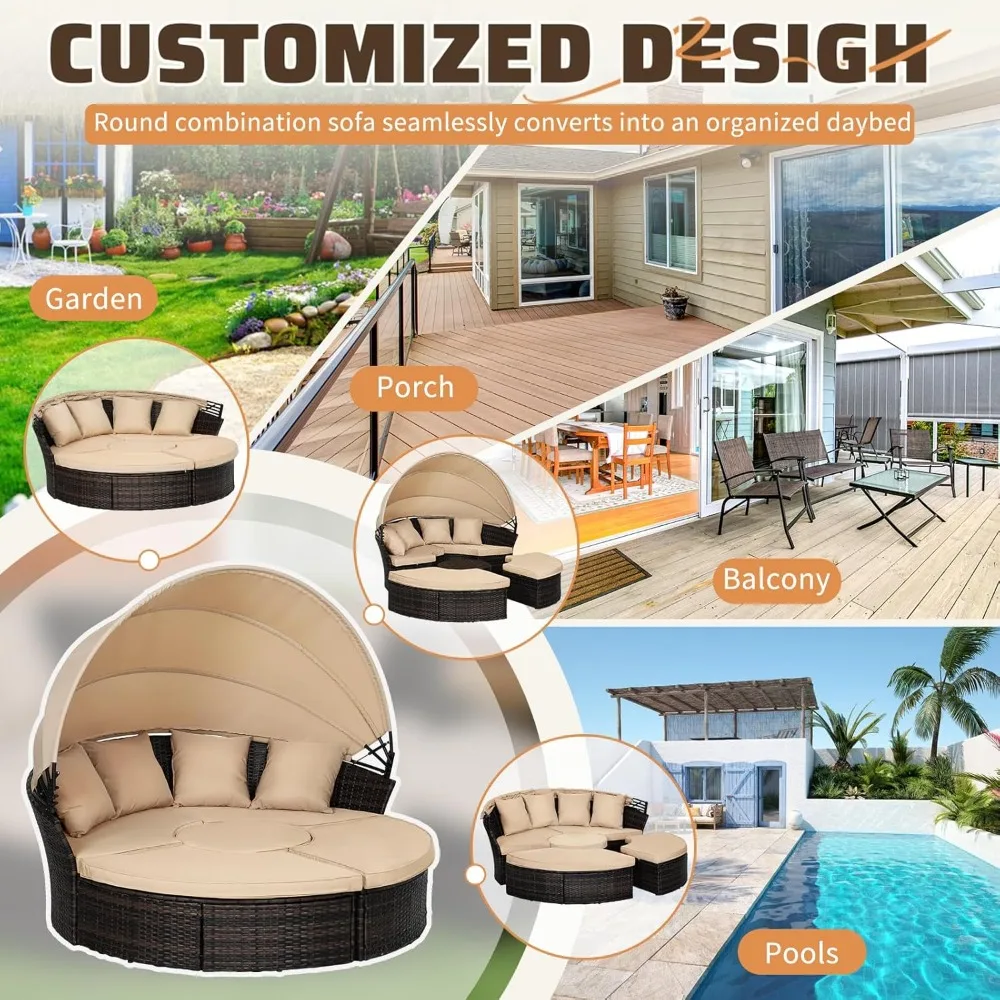 Garden Sofa Bed W/Washable Cushions, Sofa Bed Round Daybed W/Clamshell Sectional Seating Wicker Furniture & Retractable Canopy - Image 6