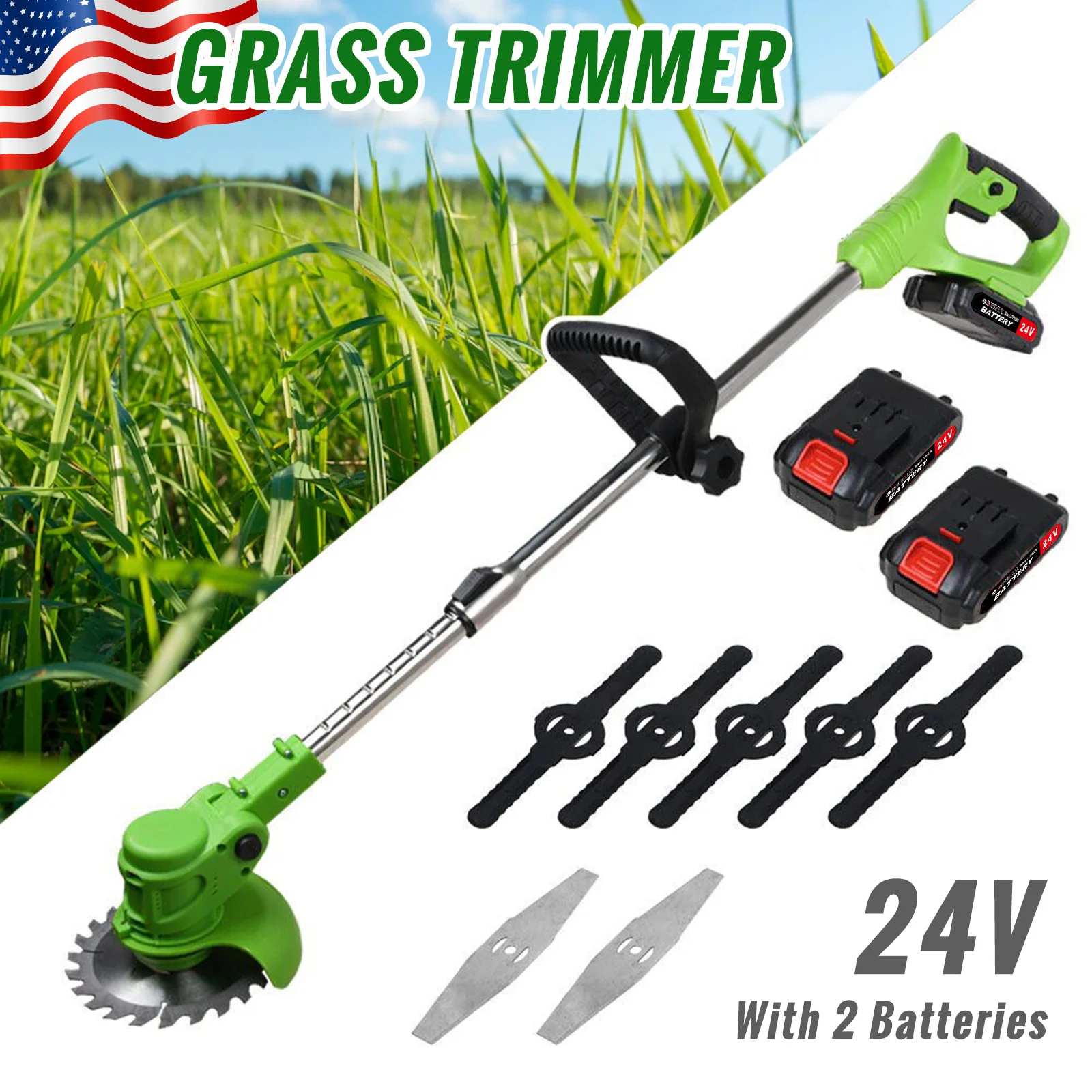 Electric Weed Lawn Edger Eater Cordless Grass String Trimmer Cutter & 2 Battery (Green)