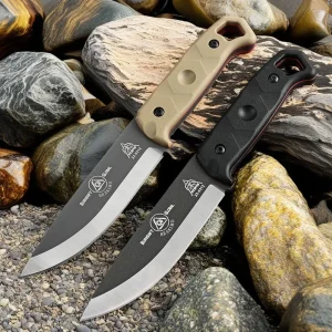 Tops High Quality Steel Hunting Knife, Outdoor Survival Knife, Rubber Anti Slip Handle, Equipped with Leather Case