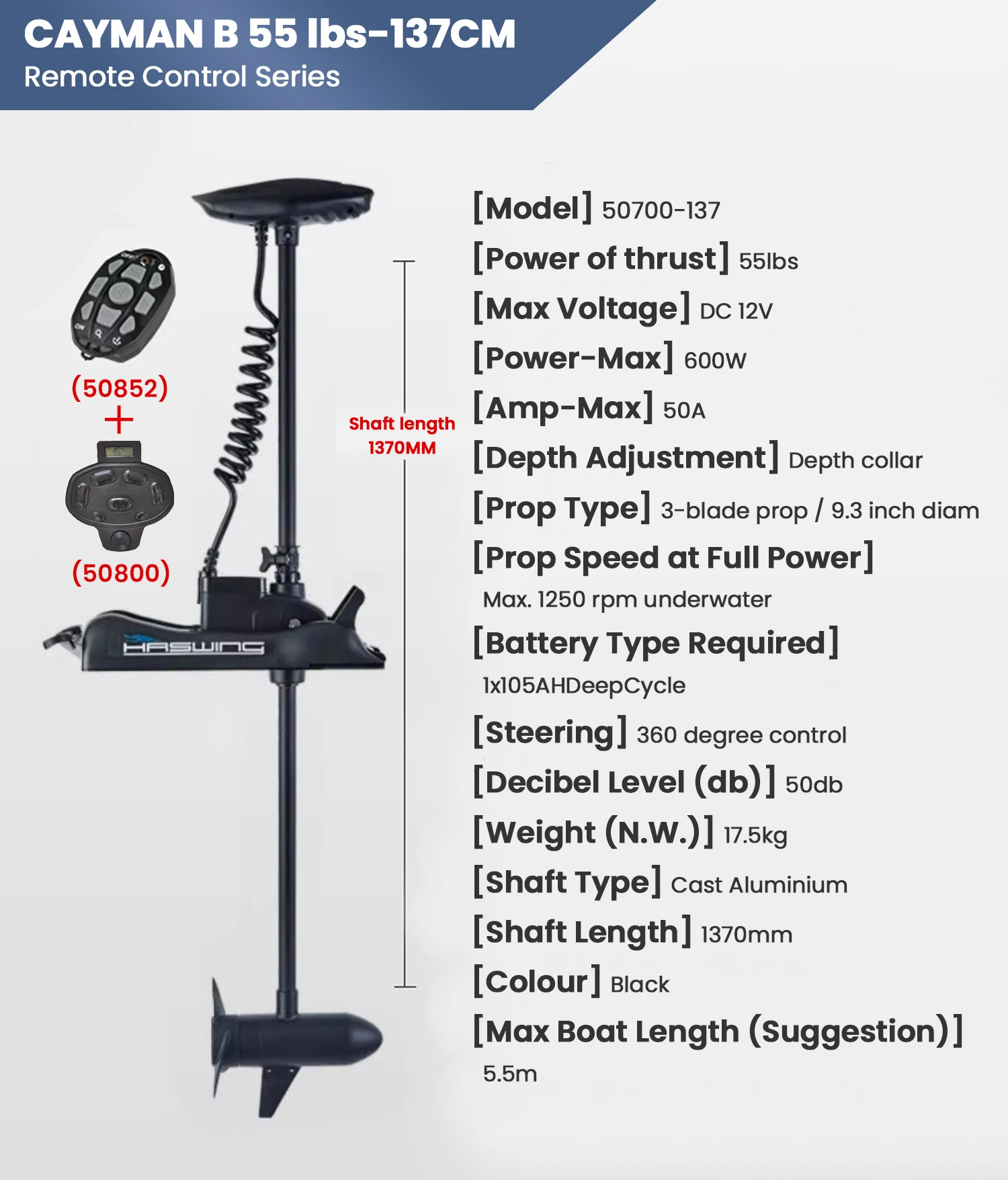 Haswing 55Lbs Trolling Motor, Remote Control,12V Bow Mount Electric Boat Engine,Stepless Speed 50700-1370MM Cayman-B without GPS - Image 8