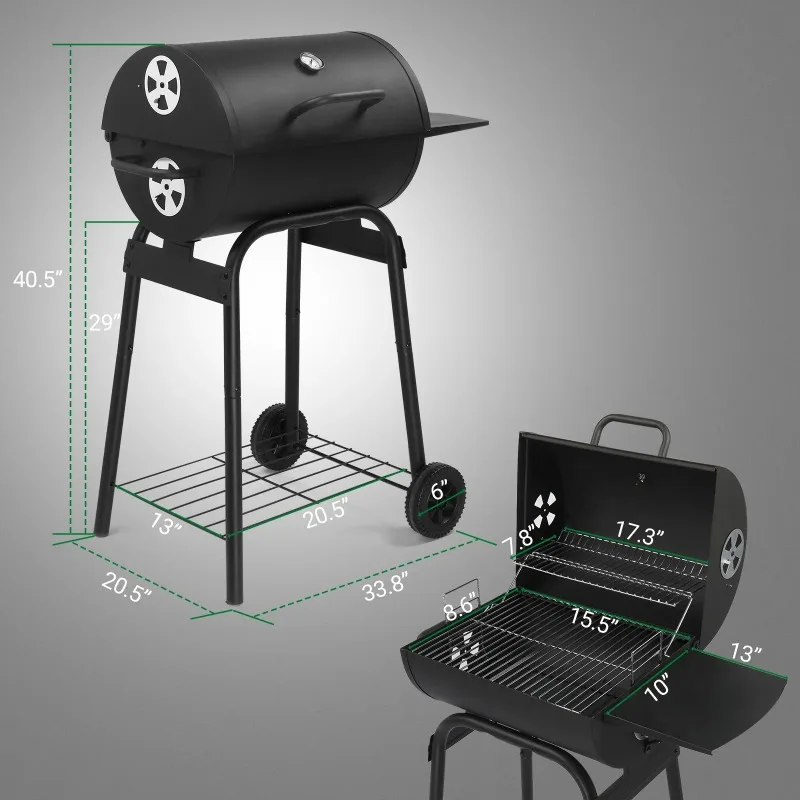 Charcoal Grills Outdoor BBQ Grill,Barrel Charcoal Grill with Side Table and Wheels, Black - Image 3