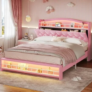 Full Szie Bed with LED Lights & Charging Station Princess Bed Frame with Hidden Storage Headborad  Platform Bed