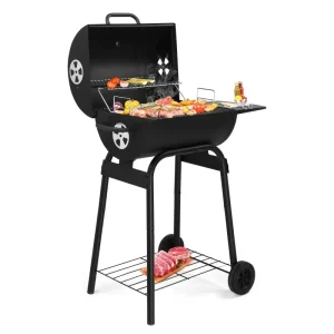 Charcoal Grills Outdoor BBQ Grill,Barrel Charcoal Grill with Side Table and Wheels, Black