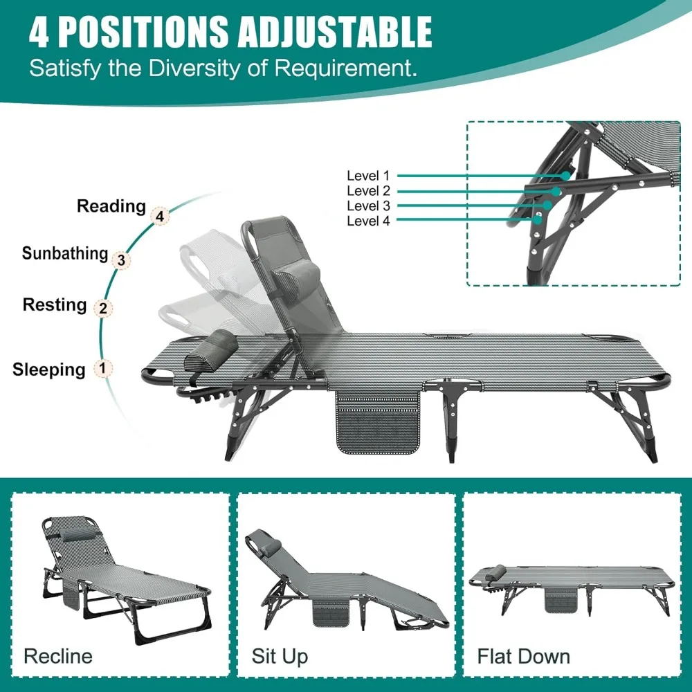 Folding Lounge Chair with Mattress, 5 Position Adjustable Folding Sleeping Bed Cot Chaise Lounge Chairs Perfect for Sunbathing, - Image 4