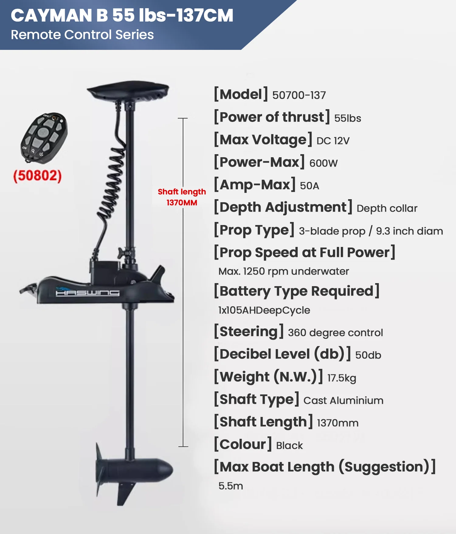 Haswing 55Lbs Trolling Motor, Remote Control,12V Bow Mount Electric Boat Engine,Stepless Speed 50700-1370MM Cayman-B without GPS - Image 7