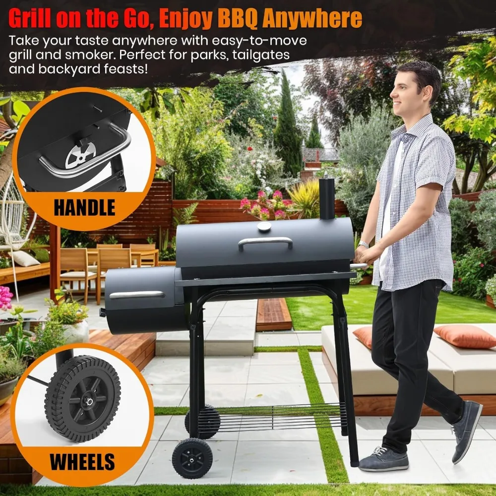 Charcoal Grill Offset Smoker,Charcoal Barbecue Grills,Barrel BBQ Grill and Smokers Combo for Outdoor,Backyard Camping & Parties - Image 3