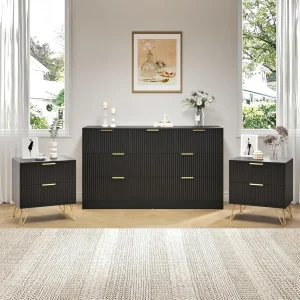 3PCS 7 Drawer Dresser & Nightstand Set, 55” Wide  Dresser for Bedroom Wooden with Metal Handle, Fluted Modern Bedroom Furni