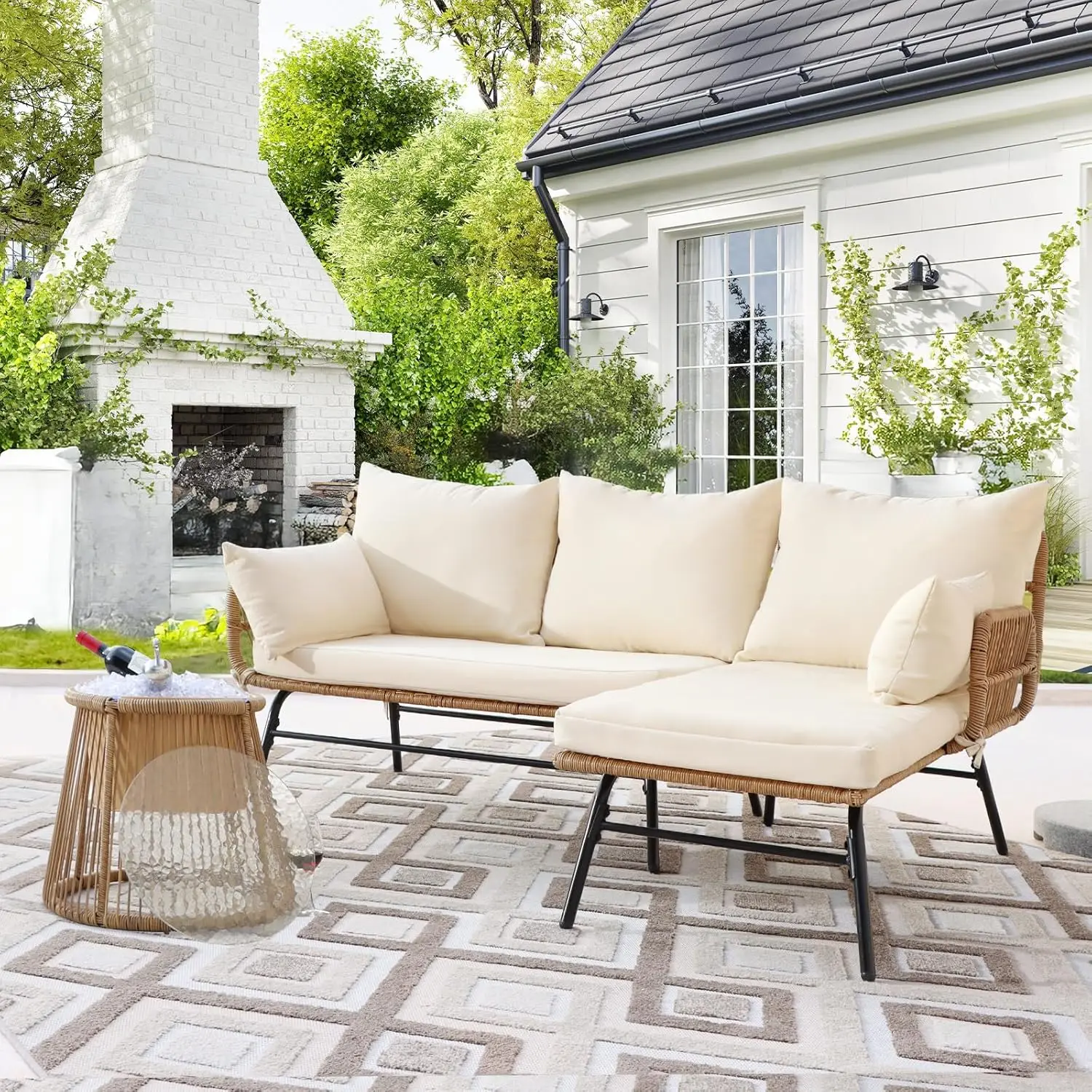 7-piece Bohemian Style Outdoor Courtyard Furniture Sofa Set, Including Egg Chairs, L-shaped Leisure Chairs, and Beige Cushions - Image 11