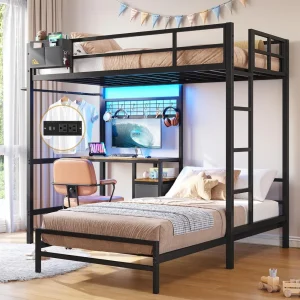 Bunk Bed Twin Over Twin Size with Desk and Charging Station L-Shaped Metal Bunk Bed with Led Lights & Storage Shelves