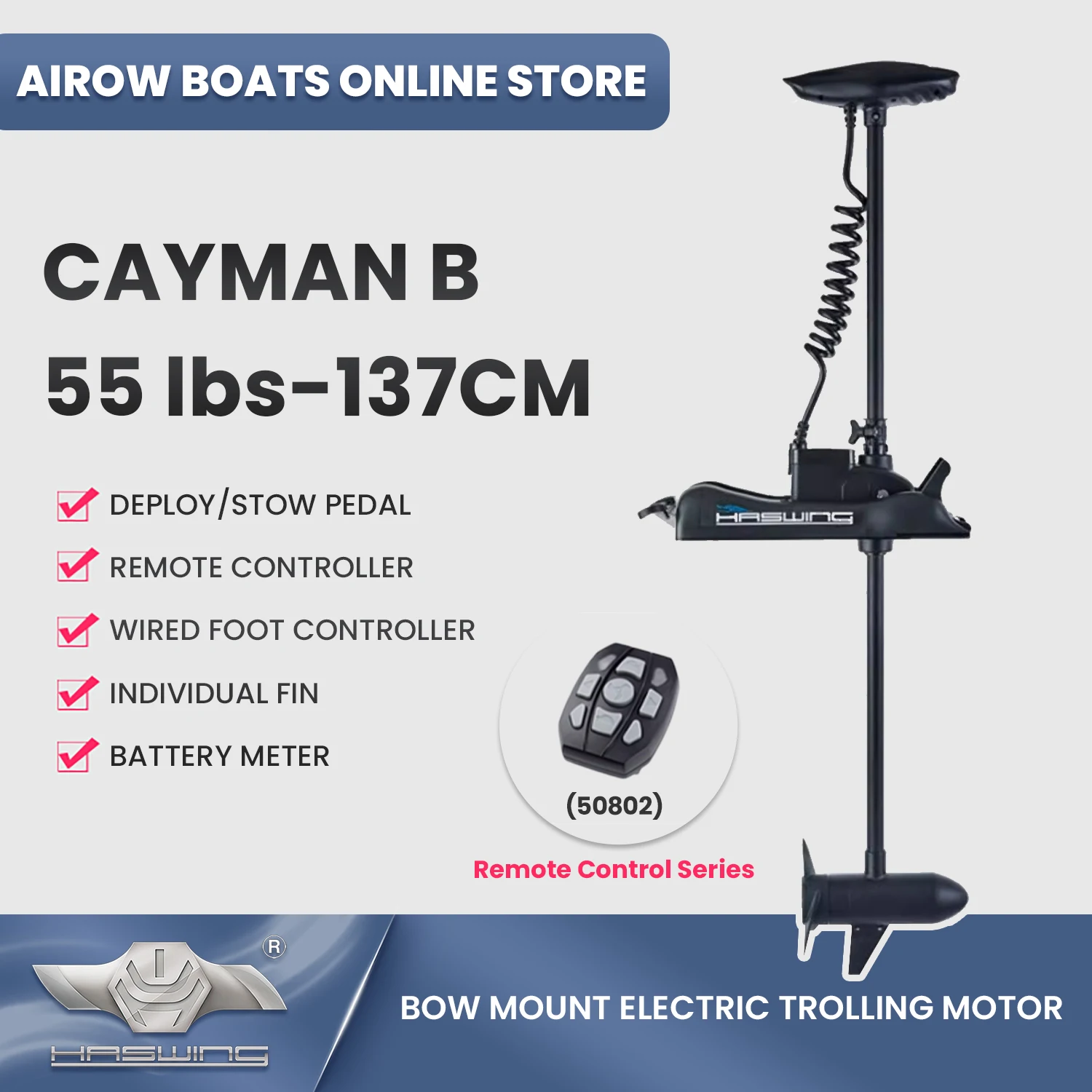Haswing 55Lbs Trolling Motor, Remote Control,12V Bow Mount Electric Boat Engine,Stepless Speed 50700-1370MM Cayman-B without GPS