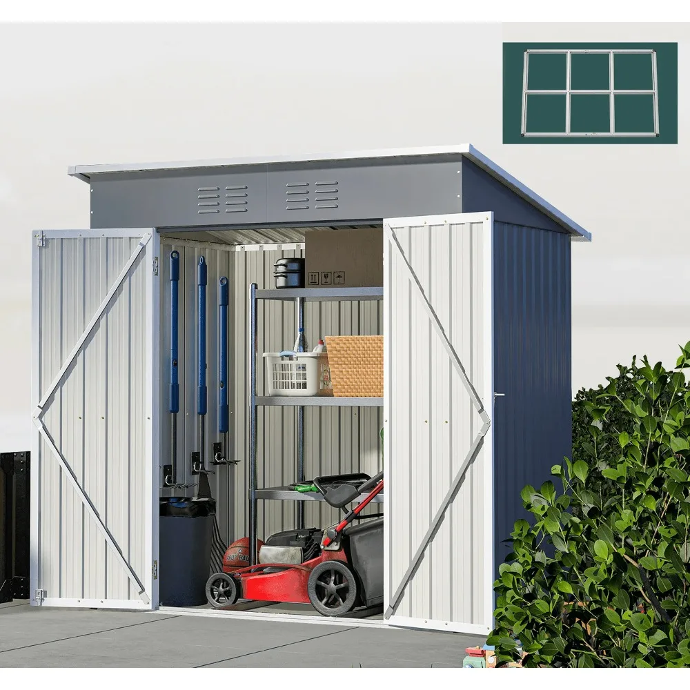 6' x 4' Outdoor Storage Shed with Metal Base, Galvanized Metal Storage Shed with Lockable Door