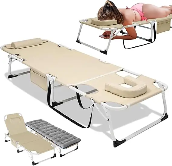 Folding Lounge Chair with Mattress, 5 Position Adjustable Folding Sleeping Bed Cot Chaise Lounge Chairs Perfect for Sunbathing, - Image 19