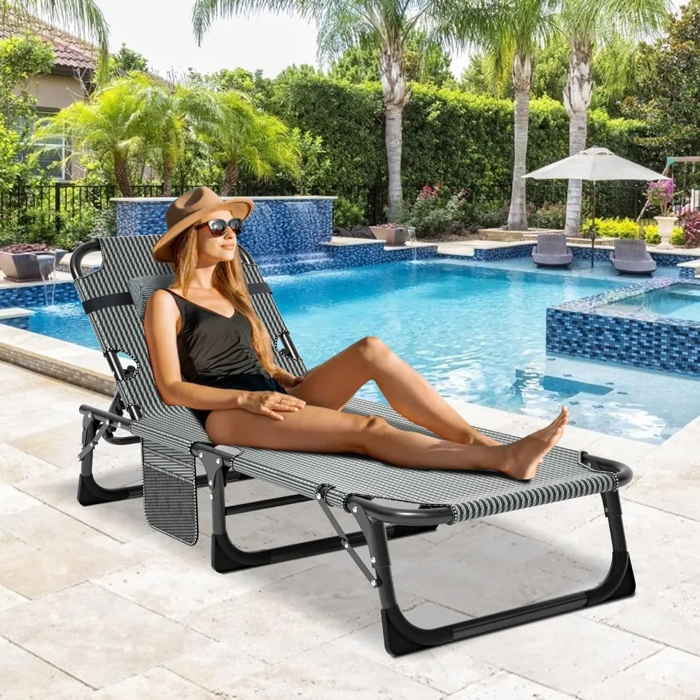 Folding Lounge Chair with Mattress, 5 Position Adjustable Folding Sleeping Bed Cot Chaise Lounge Chairs Perfect for Sunbathing, - Image 2