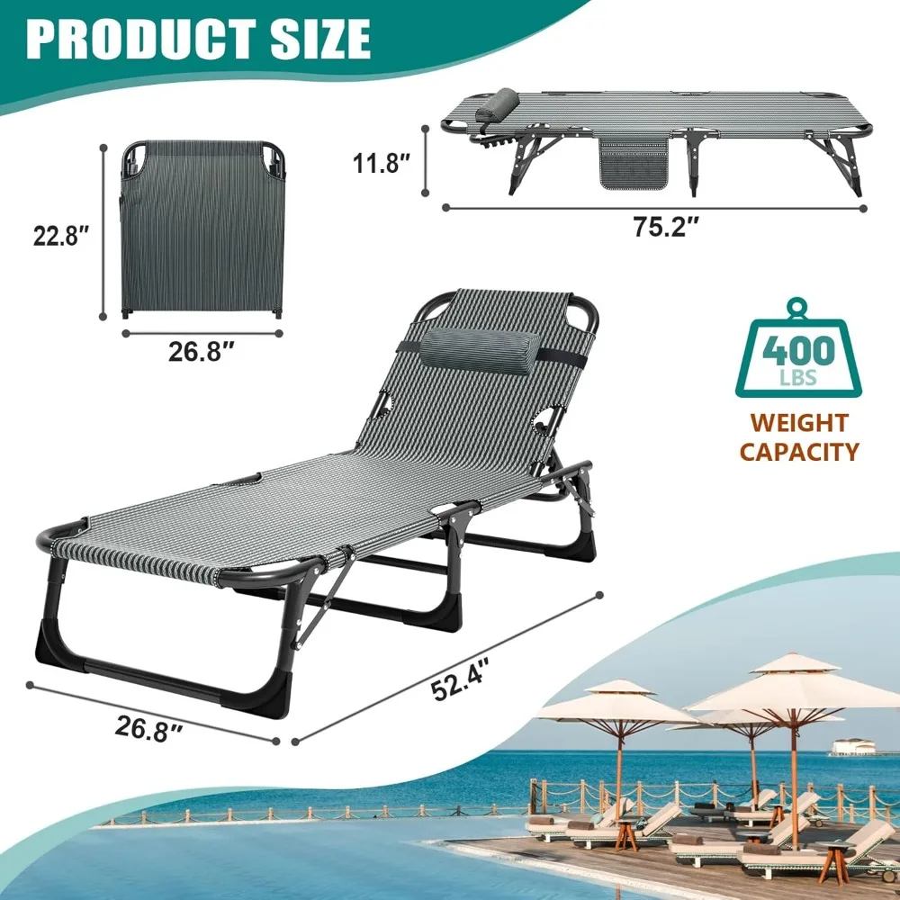 Folding Lounge Chair with Mattress, 5 Position Adjustable Folding Sleeping Bed Cot Chaise Lounge Chairs Perfect for Sunbathing, - Image 6