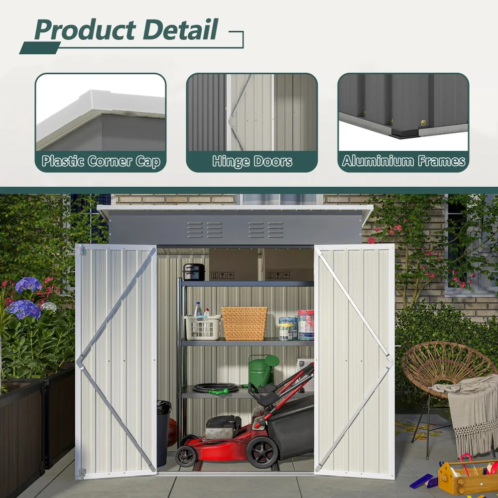 6' x 4' Outdoor Storage Shed with Metal Base, Galvanized Metal Storage Shed with Lockable Door - Image 4