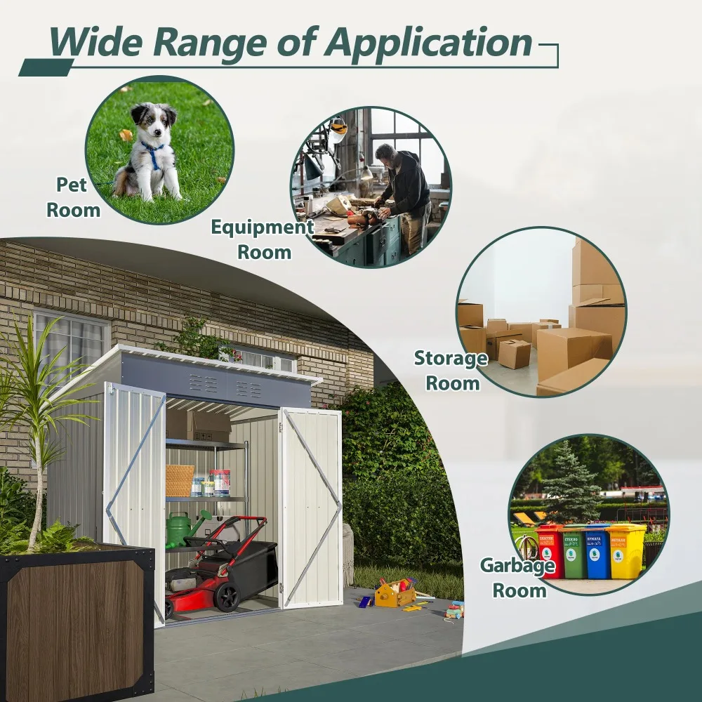 6' x 4' Outdoor Storage Shed with Metal Base, Galvanized Metal Storage Shed with Lockable Door - Image 6