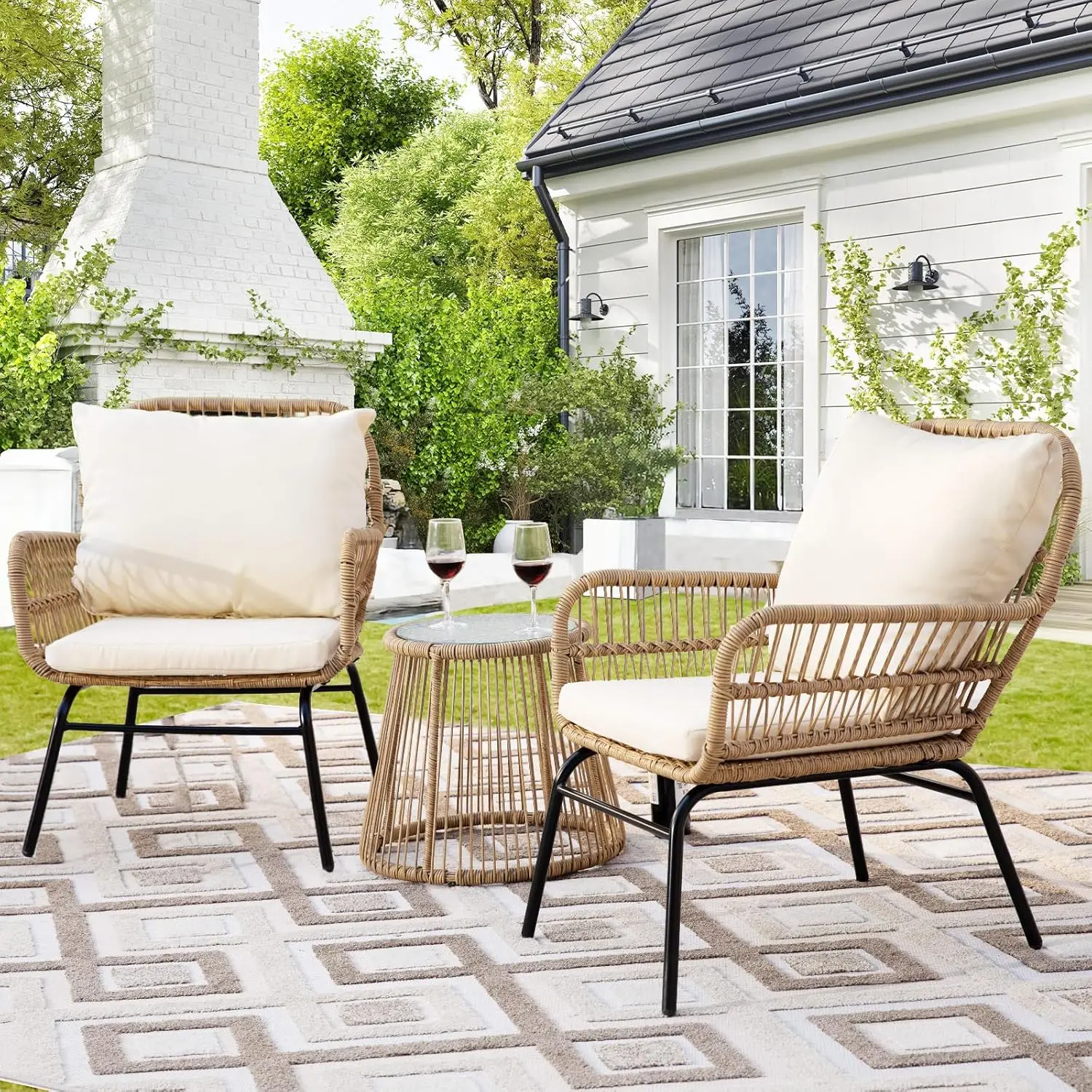 7-piece Bohemian Style Outdoor Courtyard Furniture Sofa Set, Including Egg Chairs, L-shaped Leisure Chairs, and Beige Cushions - Image 10