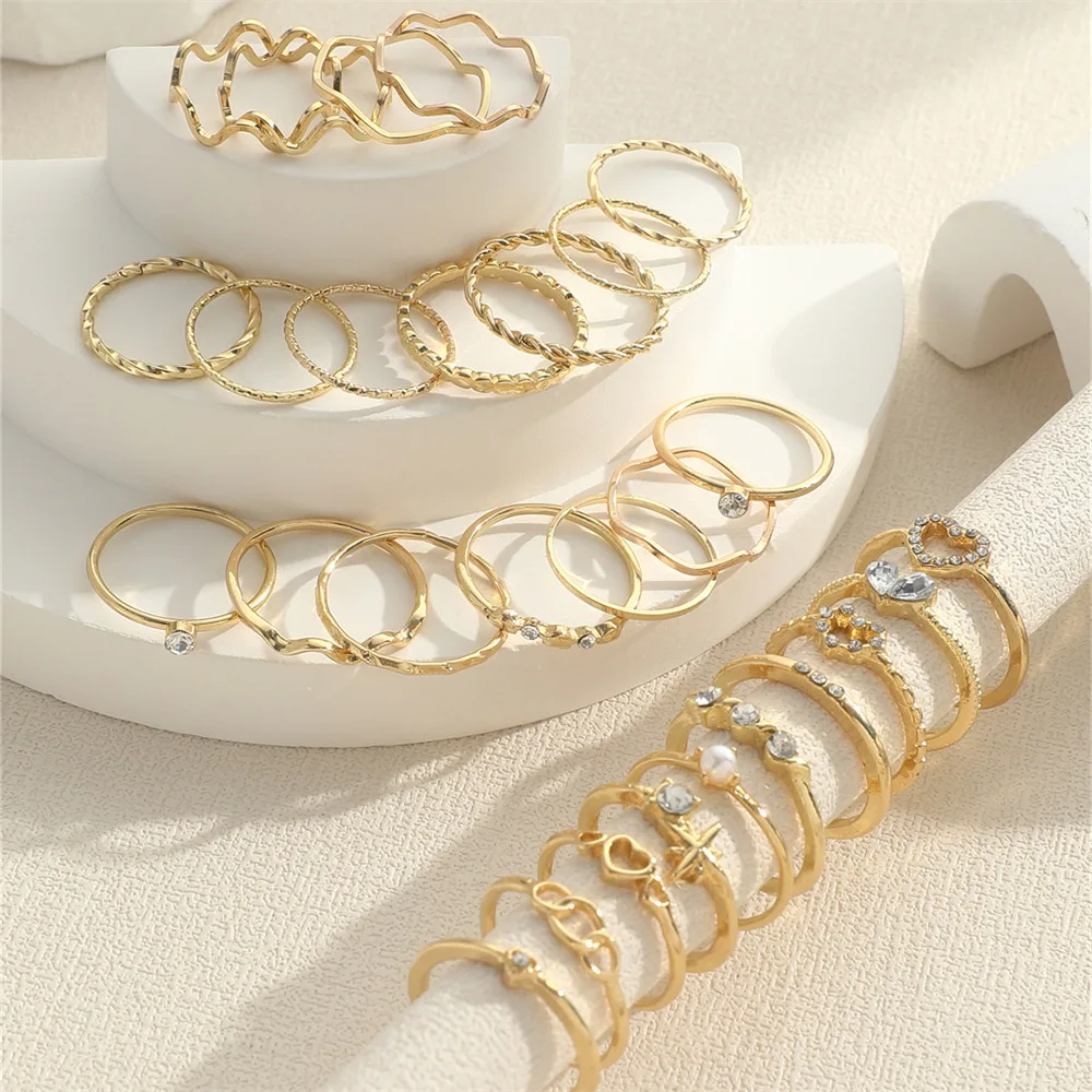 Fashion Simple Wave Joint Rings Set For Women Crystal Heart Shape Gold Silver Color Ring Female Party Jewelry - Image 6