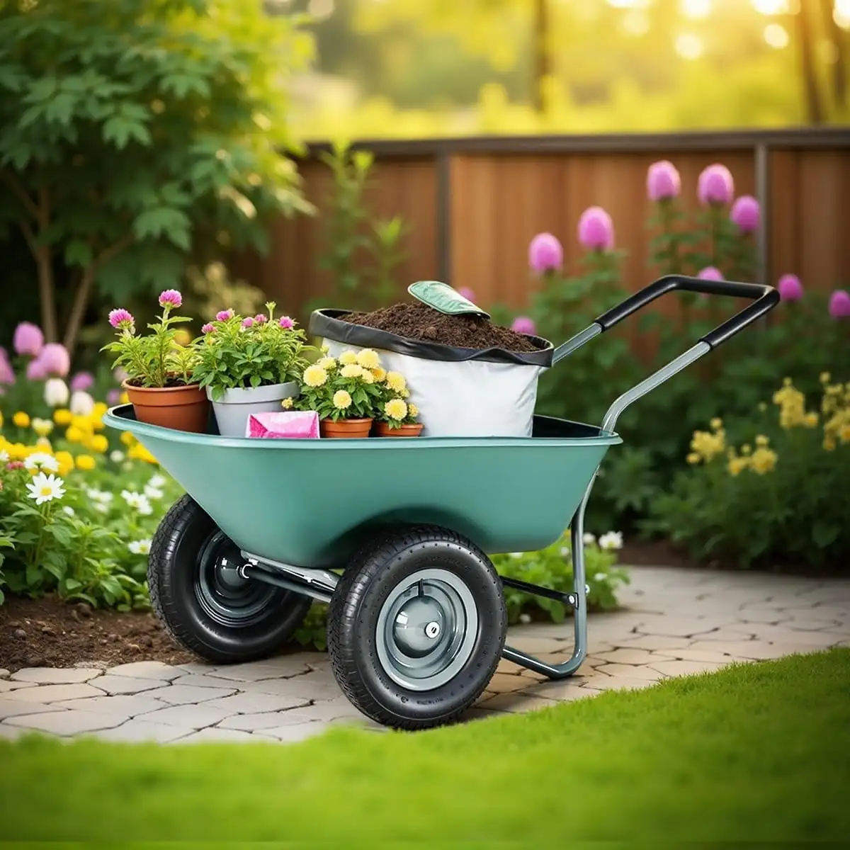 Dual-Wheel Garden Wheelbarrow with Pneumatic Tires and Reinforced Structure 300 lbs Capacity - Image 2