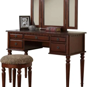 Collection Vanity Set with Stool, Cherry,Makeup Vanity with 30" HD Lighted Mirror,  Large Desk, , Dressing Table for Bedroom